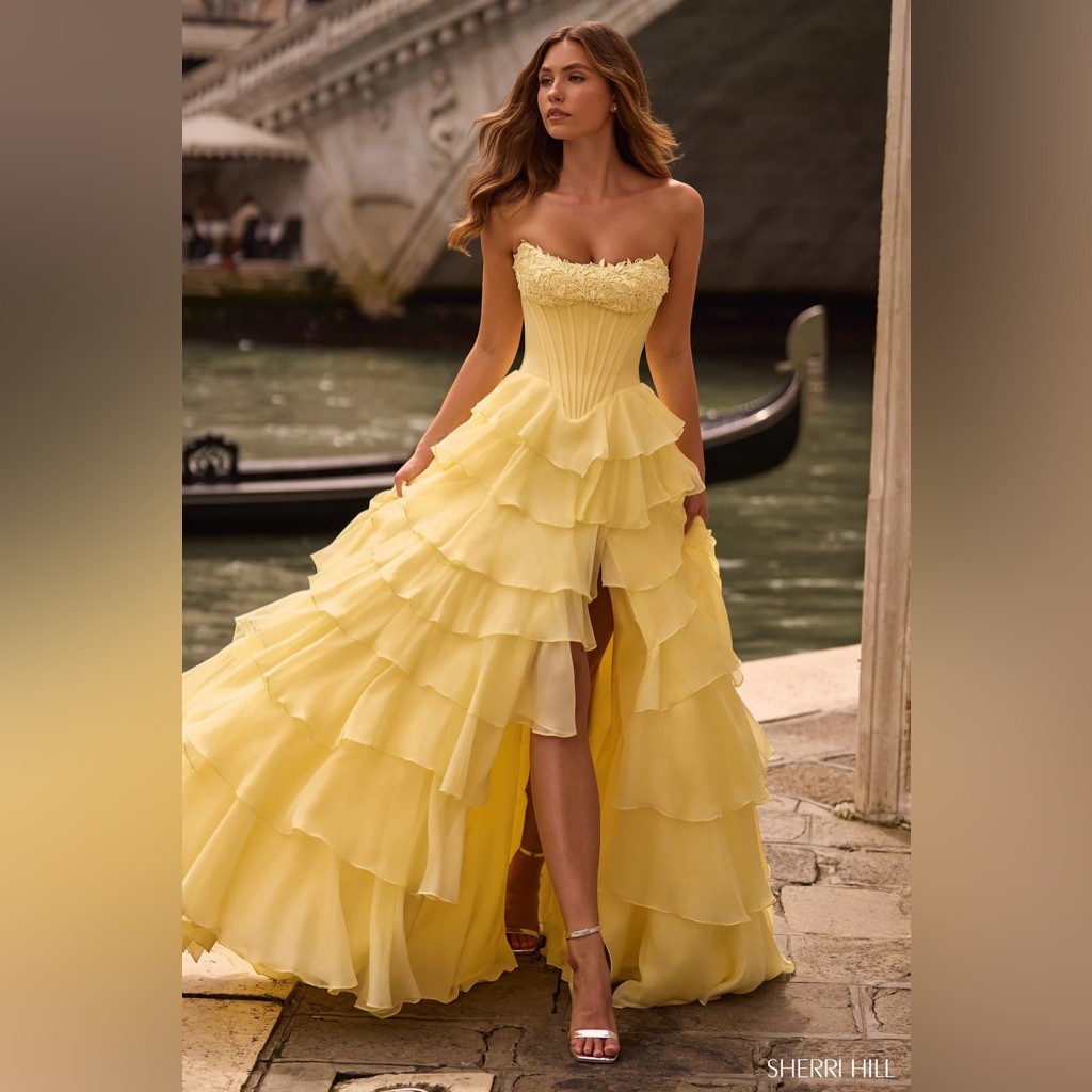 Sherri Hill Strapless Ruffled Yellow Evening Gown